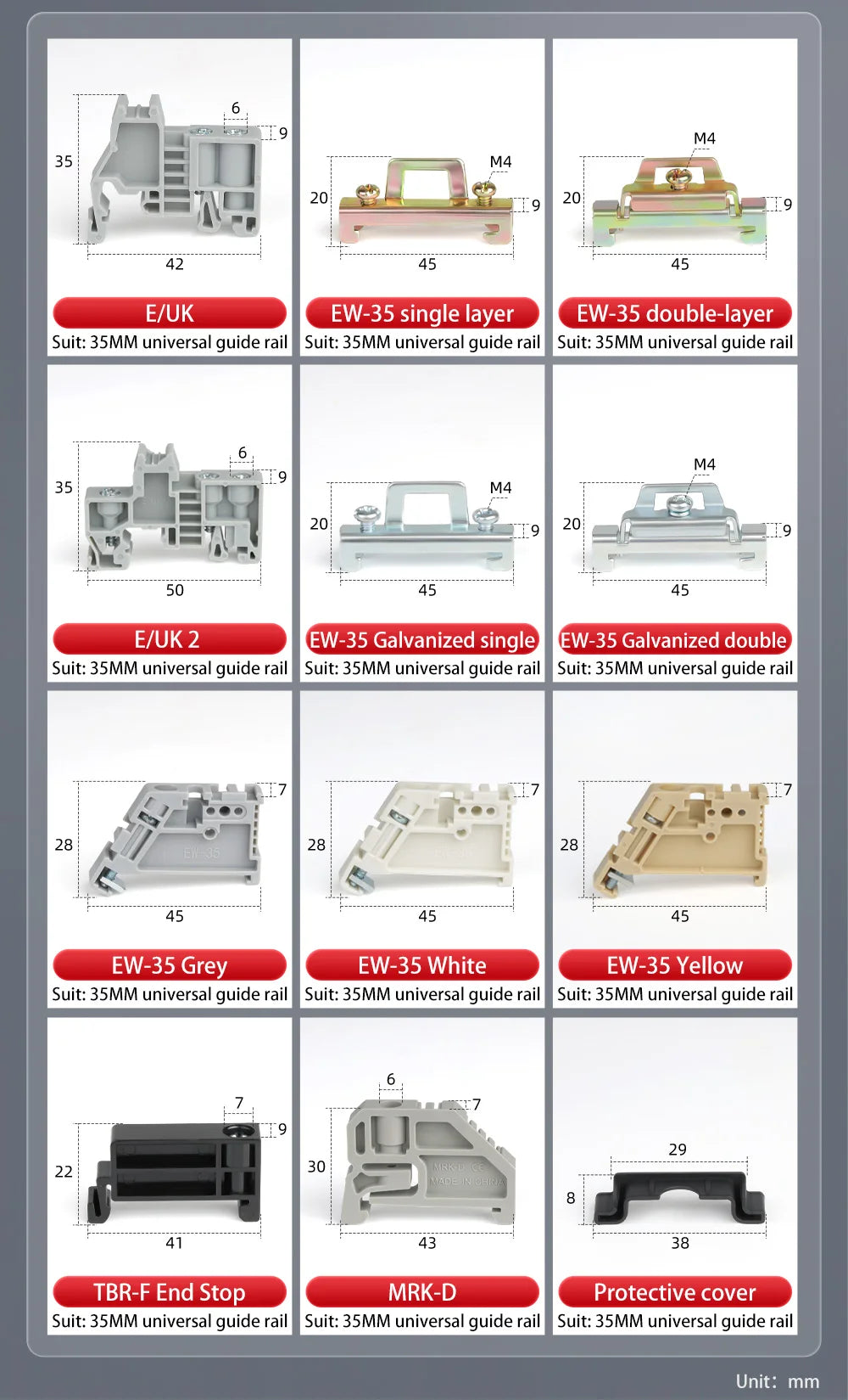 10Pcs End Stop Bracket E/UK E/UK2 EW35 WKF35 DIN 35mm Rail Terminal Block Fixed Plastic/Metal Zinc Plated Universal