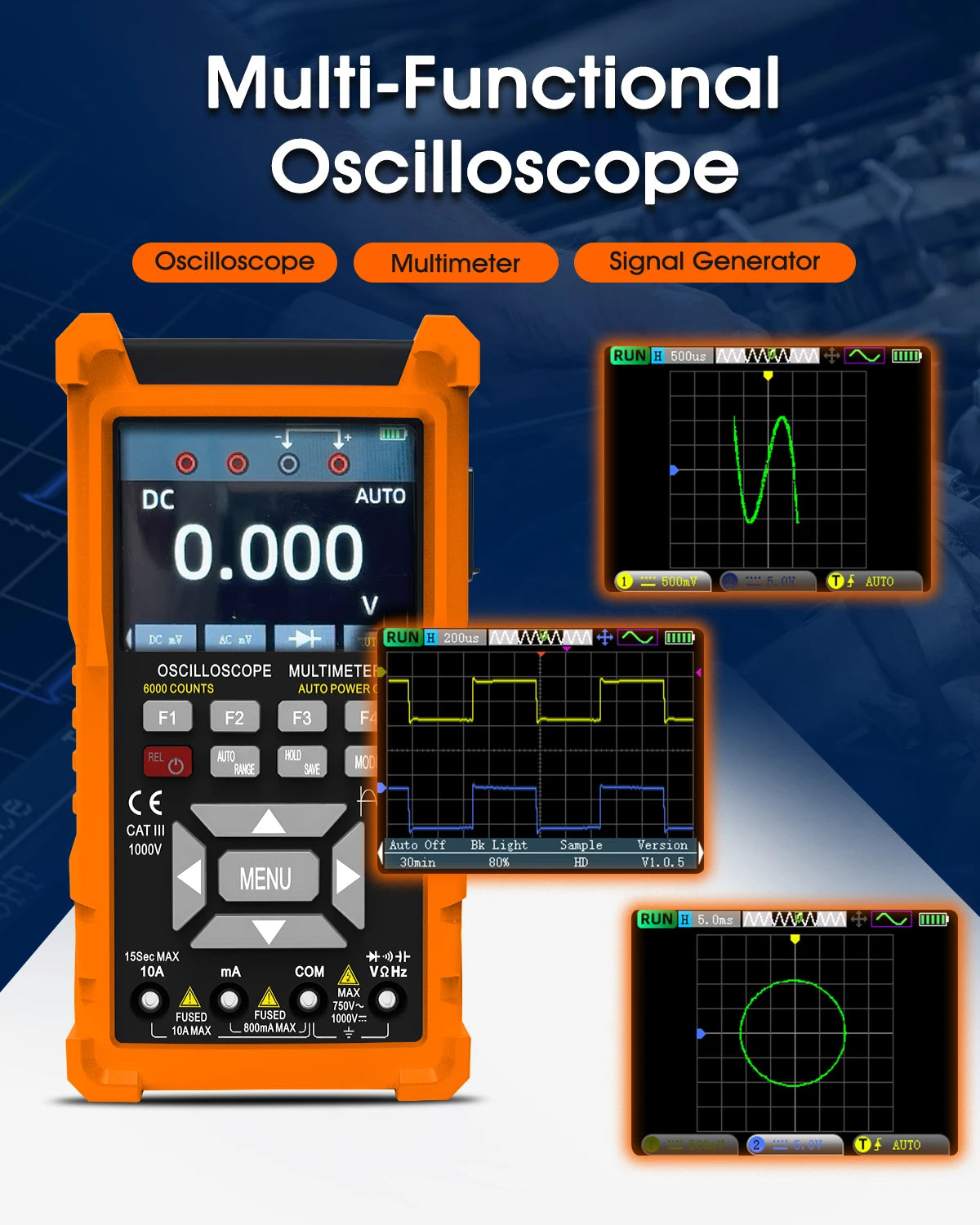 3 in 1 Oscilloscope Multimeter, Handheld Signal Generator, 50MHz Lab Oscilloscopes with 2 Channel, 200M/280MSa/s, USB C Voltage