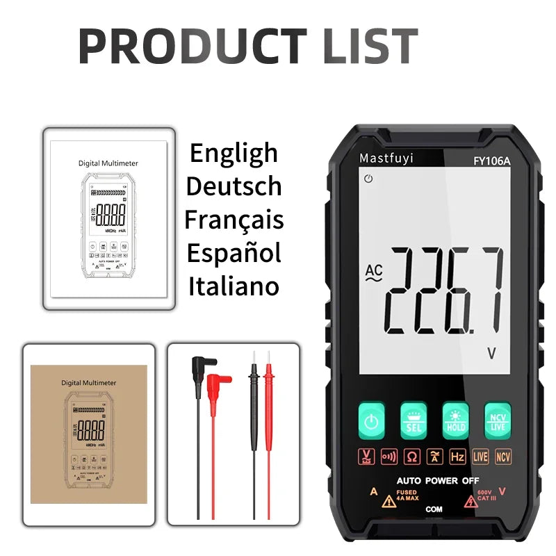 MASTFUYI Auto-Ranging Digital Multimeter High Precision 6000 Counts True RMS Tester Capacitance Ohm Hz Test Electrician Tools