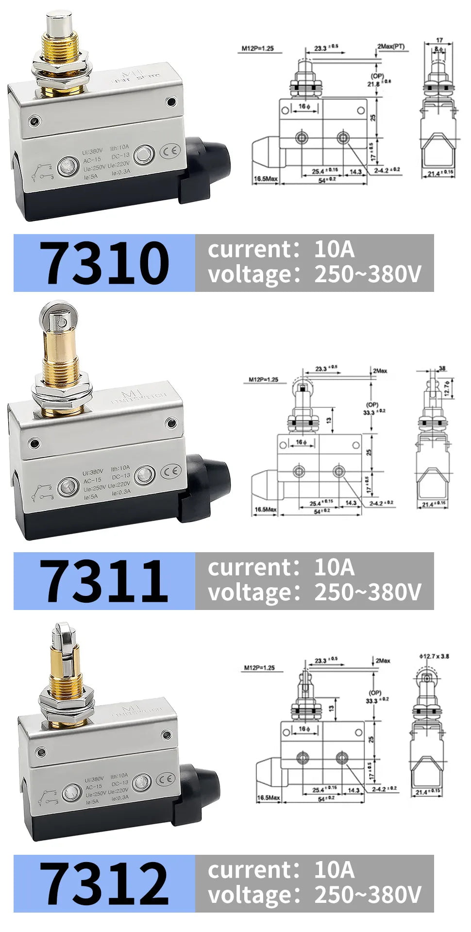 10Pcs Horizontal Limit Switch Long Hinge Roller Lever Momentary SPDT 1NO 1NC 380V 10A Industrial Travel Position Switch IP54