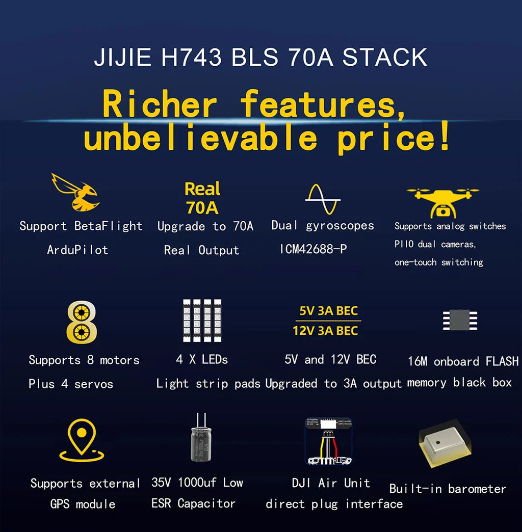 JIJIEFPV H743 Flight Controller H7 FC H743 Stack 8S 55A 60A 70A 4in1 ESC For 5inch DJI RC FPV Freestyle Drone DIY Parts