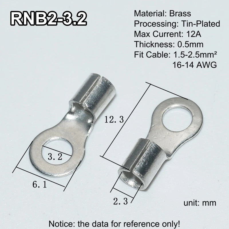 100pcs RNB Brass Ring Bare Terminal Block Connector Cable Lugs Wire Crimping Tips Electrical Connection Strips 12V 2.5mm 4mm 6mm