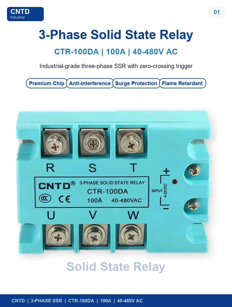 CNTD CTR-100DA 3 Phase Solid State Relay 100A 40-480V AC DC Control SSR Zero Crossing Industrial Relay for Heater Motor