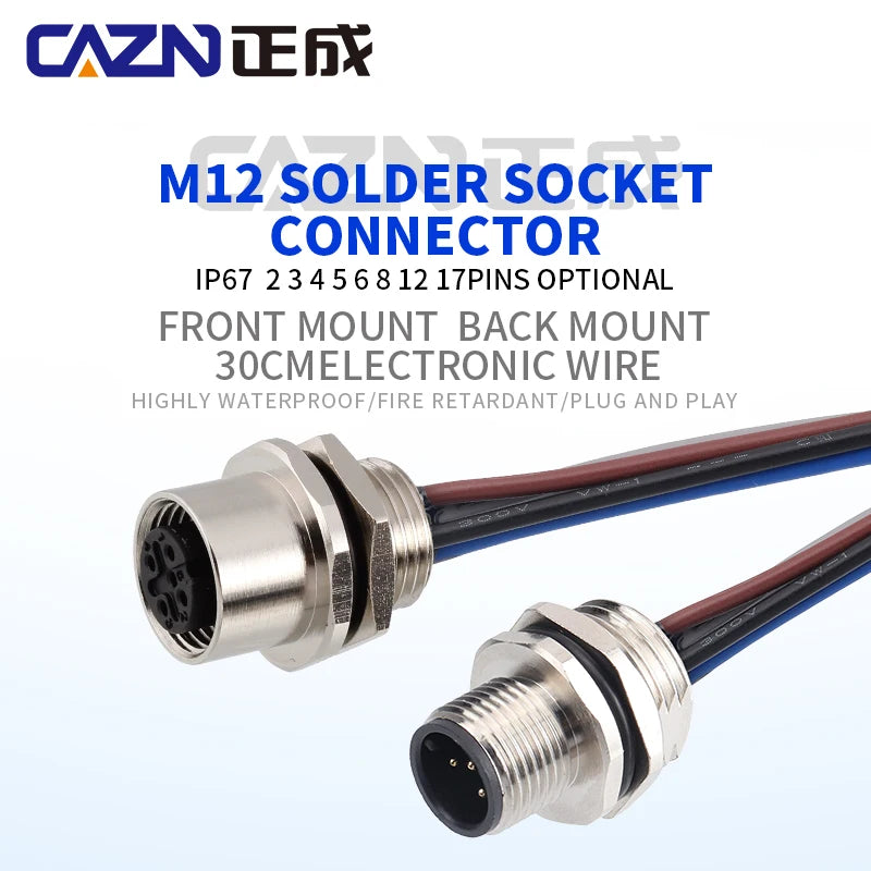 M12 Panel Male Female  Metal Front Mount Socket Solder 4 6 8 12 Pin Receptacle Straight Circular Connectors With 30cm Wires
