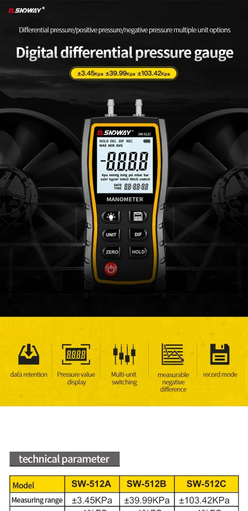 SNDWAY SW-512 Digital Pressure Gauge Differential Gas Pressure Gauge Measuring Instruments, Barometric Gauges/SW-512B/SW-512C