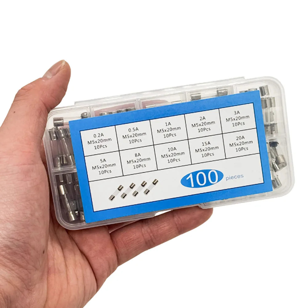 100PCS Fast Blown Glass Fuse Combination Kit M5x20mm 250V Multiple Amp Ratings 0.1A-20A Clear Plastic Storage Box