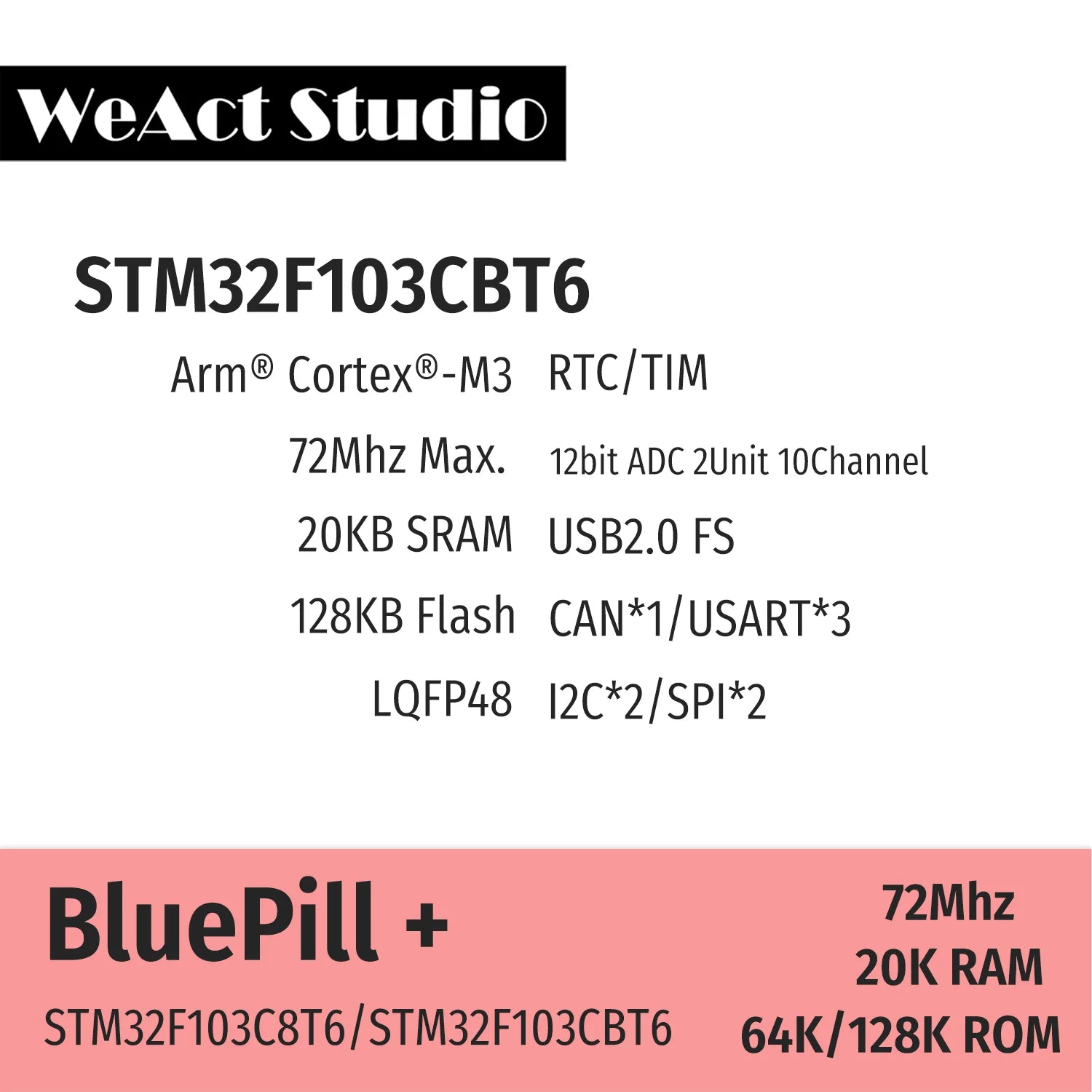 WeAct STM32F103C8T6 STM32F103CBT6 STM32F103 STM32F1 Bluepill Plus ARM STM32 Minimum System Development Board Module