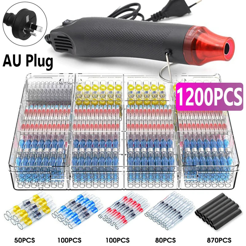 50-1200Pcs Solder Seal Wire Connectors Kit with 300W Heat Gun Waterproof Heat Shrink Butt Terminals Electrical Splice Set