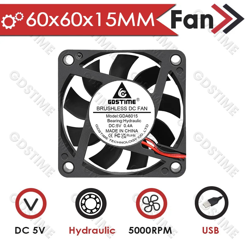 Gdstime 60MM 6015 12V 24V Axial Fan 5V USB PC Case Fan Ball DC Brushless Fan 2PIN 60x60x15MM 3D Printer Cooling Fan CPU Cooler