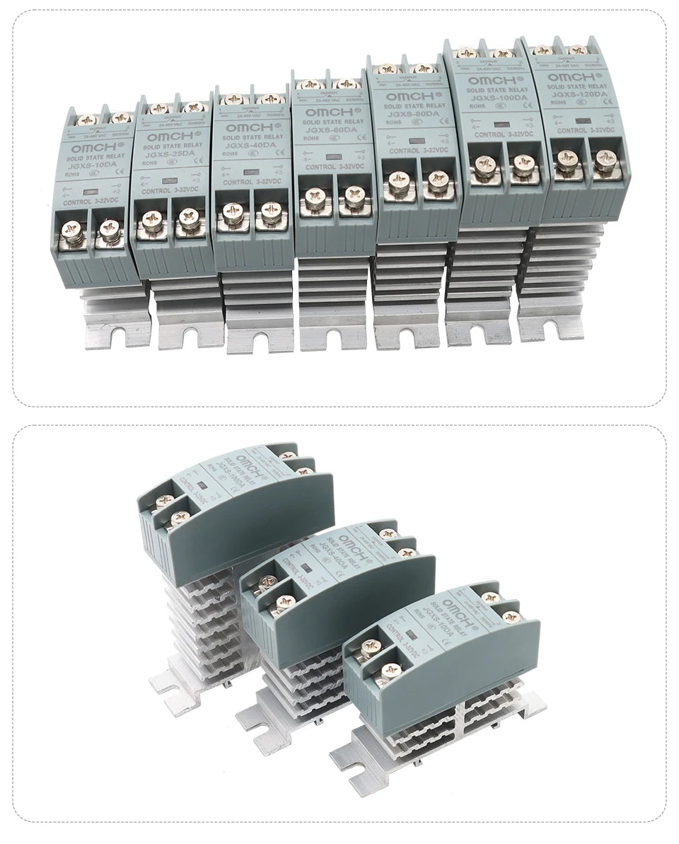 OMCH DIN Rail Solid State Relay SSR With Heatsink 10A 25A 40A 60A 80A 100A 120A DC-AC DC-DC AC-AC Single Phase Control