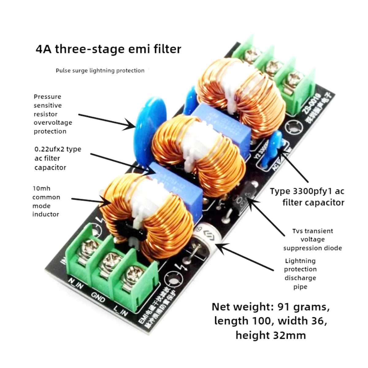 AC 220V/110V EMI Power Filter FCC 3-Stage Noise Suppressor for Hi-Fi Amplifier, Audiophile Grade Purifier Lightning Protection