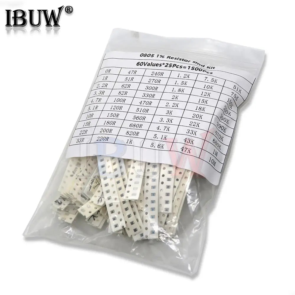 1500 Pcs SMD 0805 Resistors Assorted Set (60 Values x 25 Pcs) 0ohm - 10M Ohm 1/8 Watt 1% High Precision Film Chip Resistance Kit
