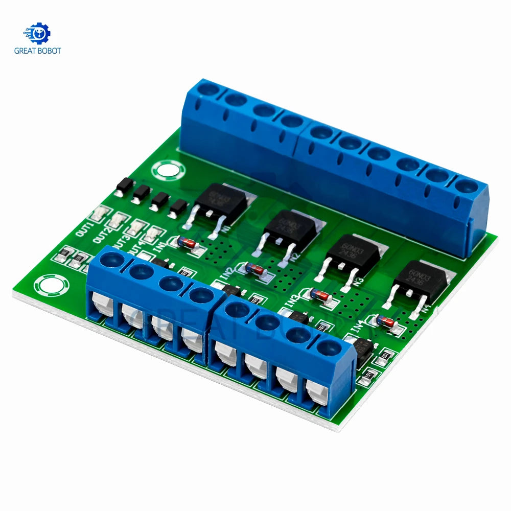 MOSFET 4-Channel Pulse-Triggered Switch Controller Board with PWM and Optocoupler Isolation for Motor and LED Lighting DC5V-20V