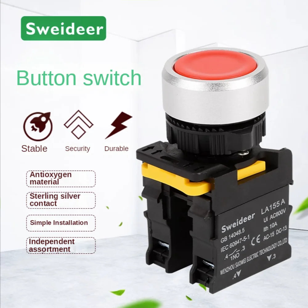Waterproof Button Switch Momentary Self Reset Self Locking Flat Round Head 22mm Power Push Button Switch 10A 1NO 1NC Red Green