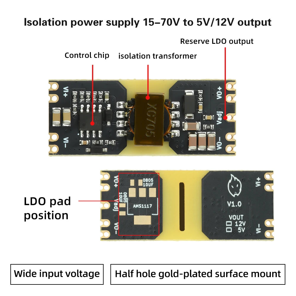 XC7010 Isolated Power Supply Module DC15-70V to 5V 12V Output Reserve LDO With Short Circuit Protection for Industrial Equipment