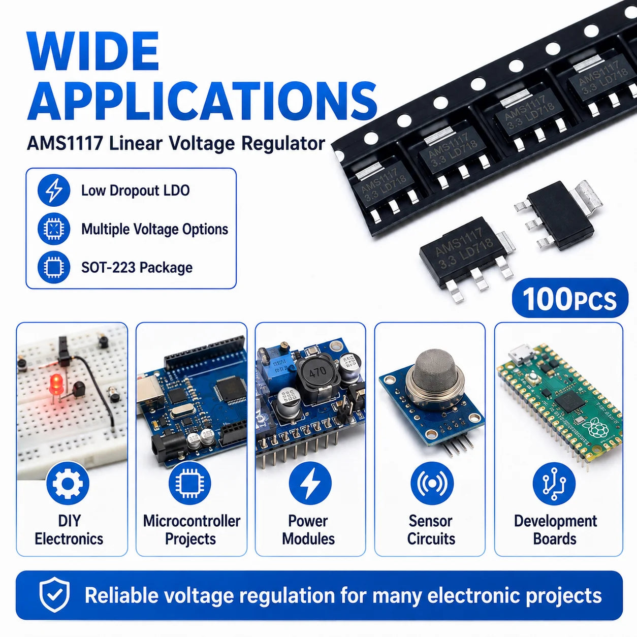 100PCS AMS1117 LM1117 SOT-223 LDO Linear Voltage Regulator IC 1.2V 1.5V 1.8V 2.5V 3.3V 5V ADJ
