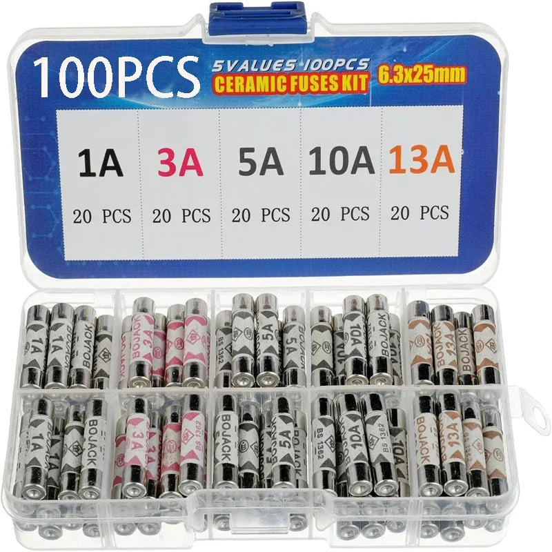 100pcs/boxed 6x25mm Ceramic Fuse 1A 3A 5A 10A 13A British Plug Fuse Insurance Fast Blow Tube Fuses Assortment Kit