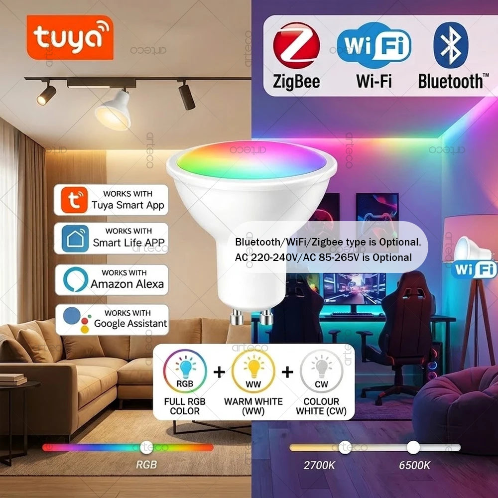 Tuya GU10 Smart LED Bulb WiFi Zigbee Bluetooth RGB 2700-6500K Dimmable Spotlight Lamps Smart Life APP Alexa Google Home Control