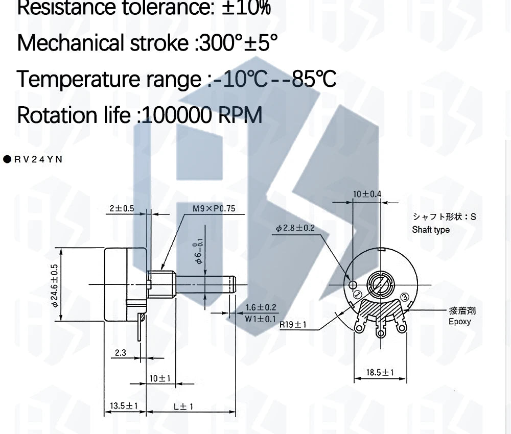 RV24YN20S B201 B501 B102 B202 B502 B103 B203 B503 B104 B204 B254 B504 B105 500 ohm 10K 20K 50K 100K 200K ohm Potentiometer