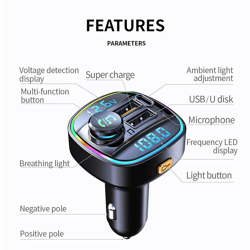 Bluetooth Handsfree FM Transmitter Car Radio Modulator MP3 Player With 22.5W USB Super Quick Charge Adapter for Car