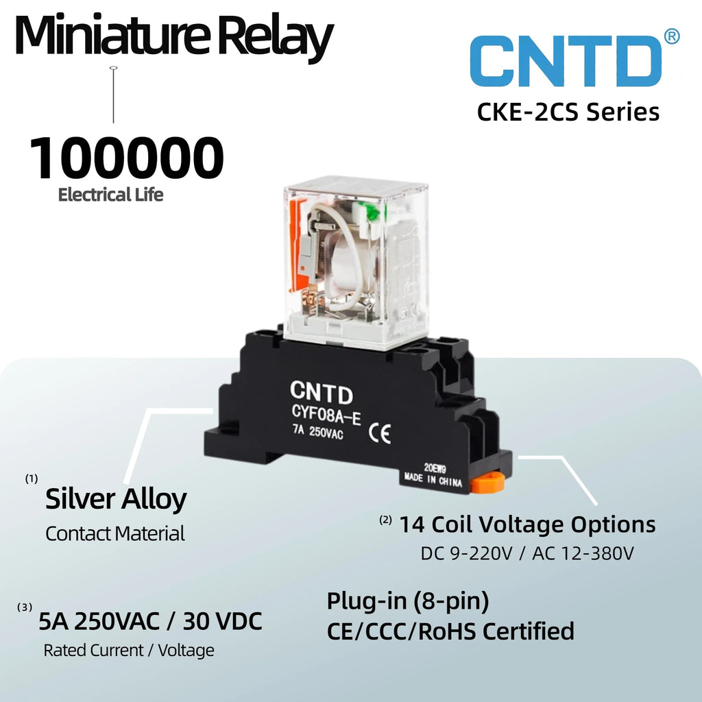 2Pcs CNTD CKE-2CS Miniature Relay 8-Pin DPDT 5A 250VAC 30VDC Plug-in Silver Alloy 14 Coil Voltages DC/AC CCC CE RoHS