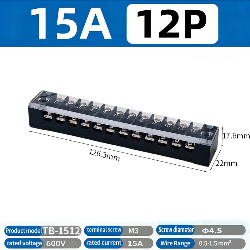 Dual Row Strip Screw Terminal Block TB1503-TB151 15A  Fixed Wiring Board Wire Connector for Electronic Components