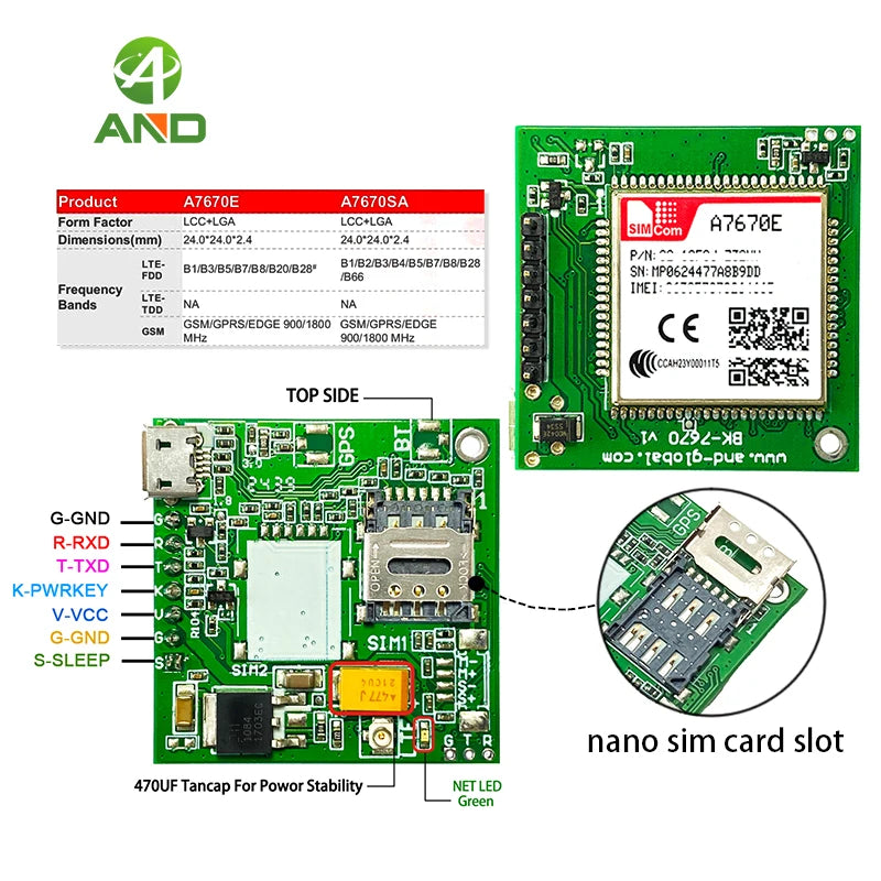 for Europe Africa Korea Southeast Asia A7670E 4G Cat 1 with GSM GPS Module Development Core Board