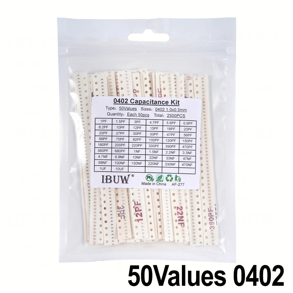 2500pcs 0402 0603 0805 SMD Ceramic Capacitor Assorted Kit 50Values 1pF - 10uF 100PF 10NF 100NF 0.47UF 1UF Chip Capacitance Set