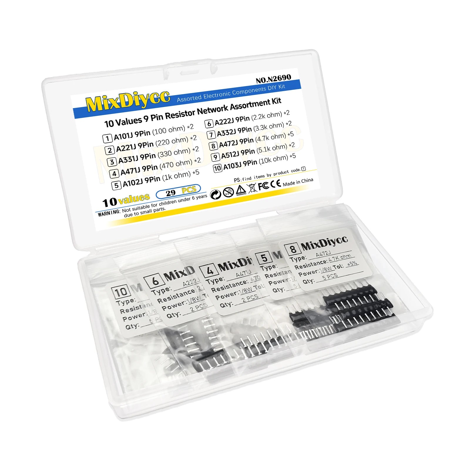 10 Values 9 Pin Radial Network Resistor Kit A101J A221J A331J A471J A102J A222J A332J A472J A512J A103J DIP Array Total 29 Pcs