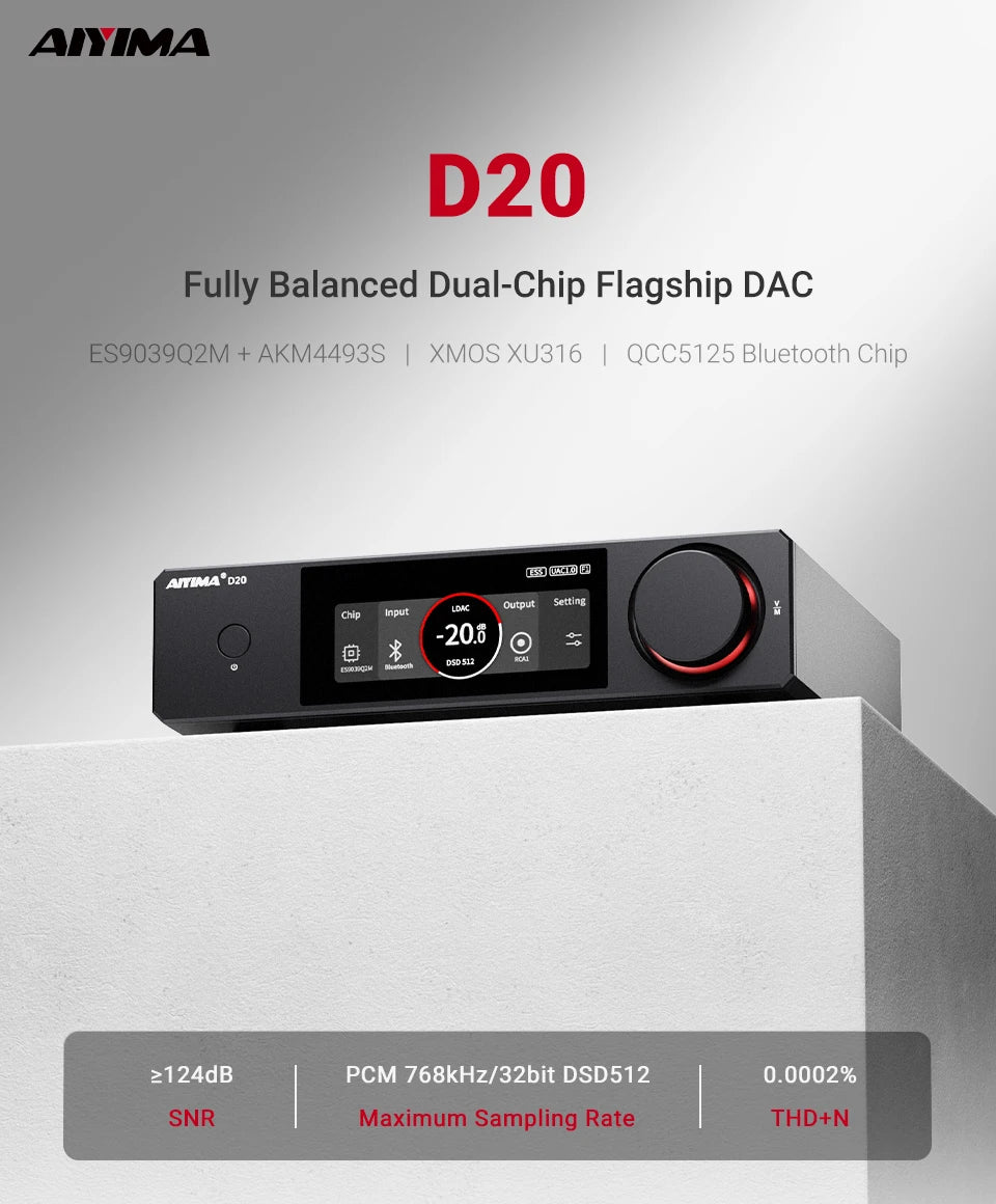 AIYIMA D20 HiFi DAC Decoder AK4493SEQ ES9039Q2M XMOS XU316 USB DSD512 Bluetooth 5.1 LDAC RCA XLR Audio Converter VU Meter