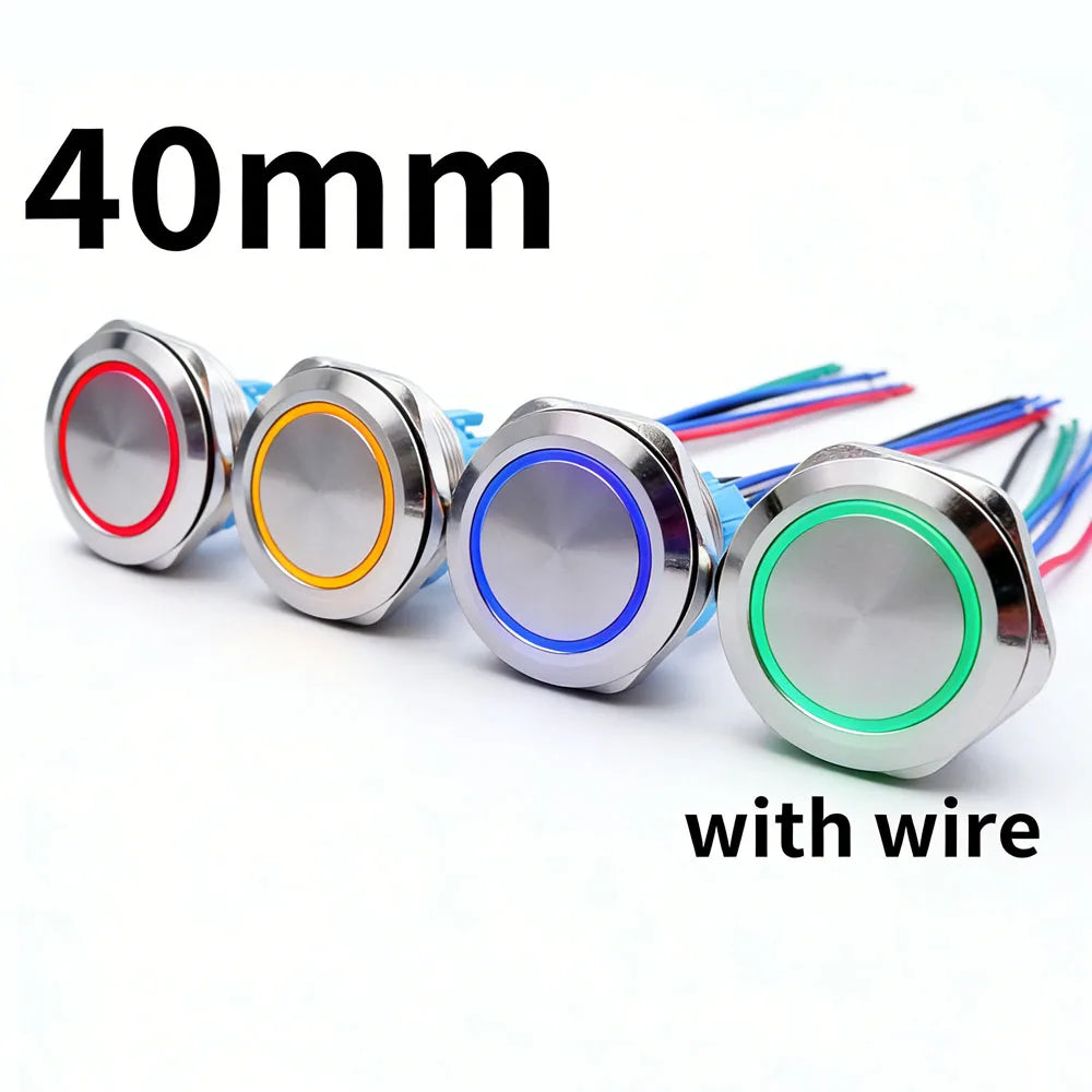 40mm Metal Push Button Switch Power LED Light Waterproof Reset Self-locking Latching Start Stop Switch On Off 2NO2NC With Wire