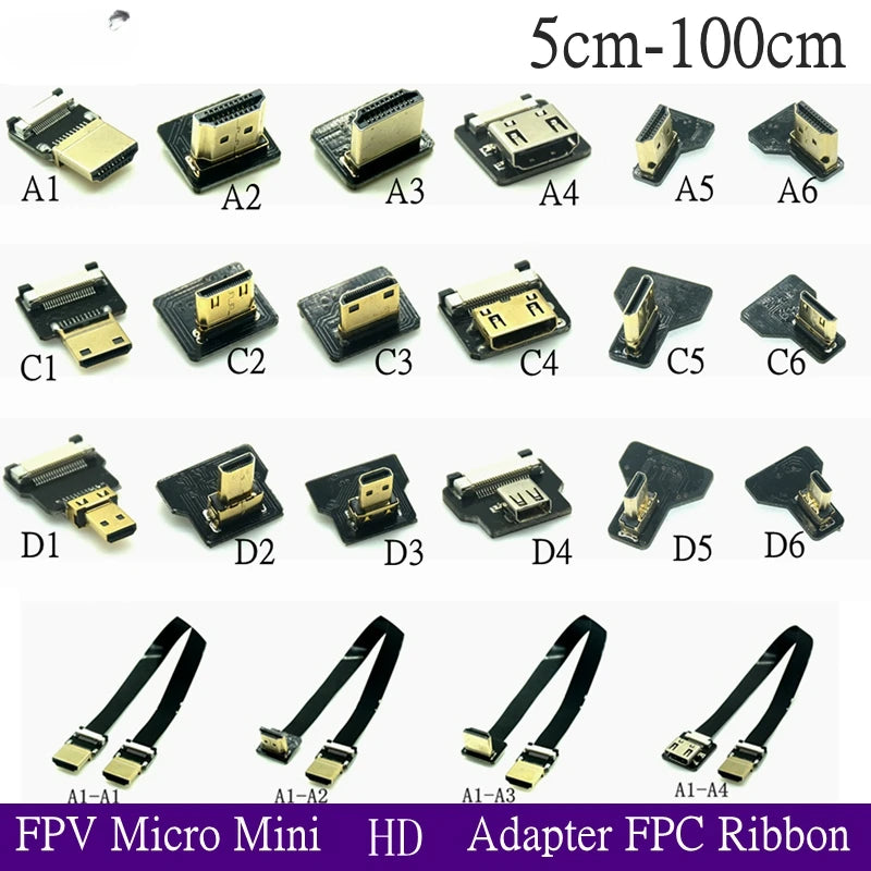 Ribbon FPV HDMI-Compatible Connector Flexible Flat Cable Raspberry Pi 4 Micro HDMI To HDMI Mini HDMI Female 90 Degree FFC 20pin