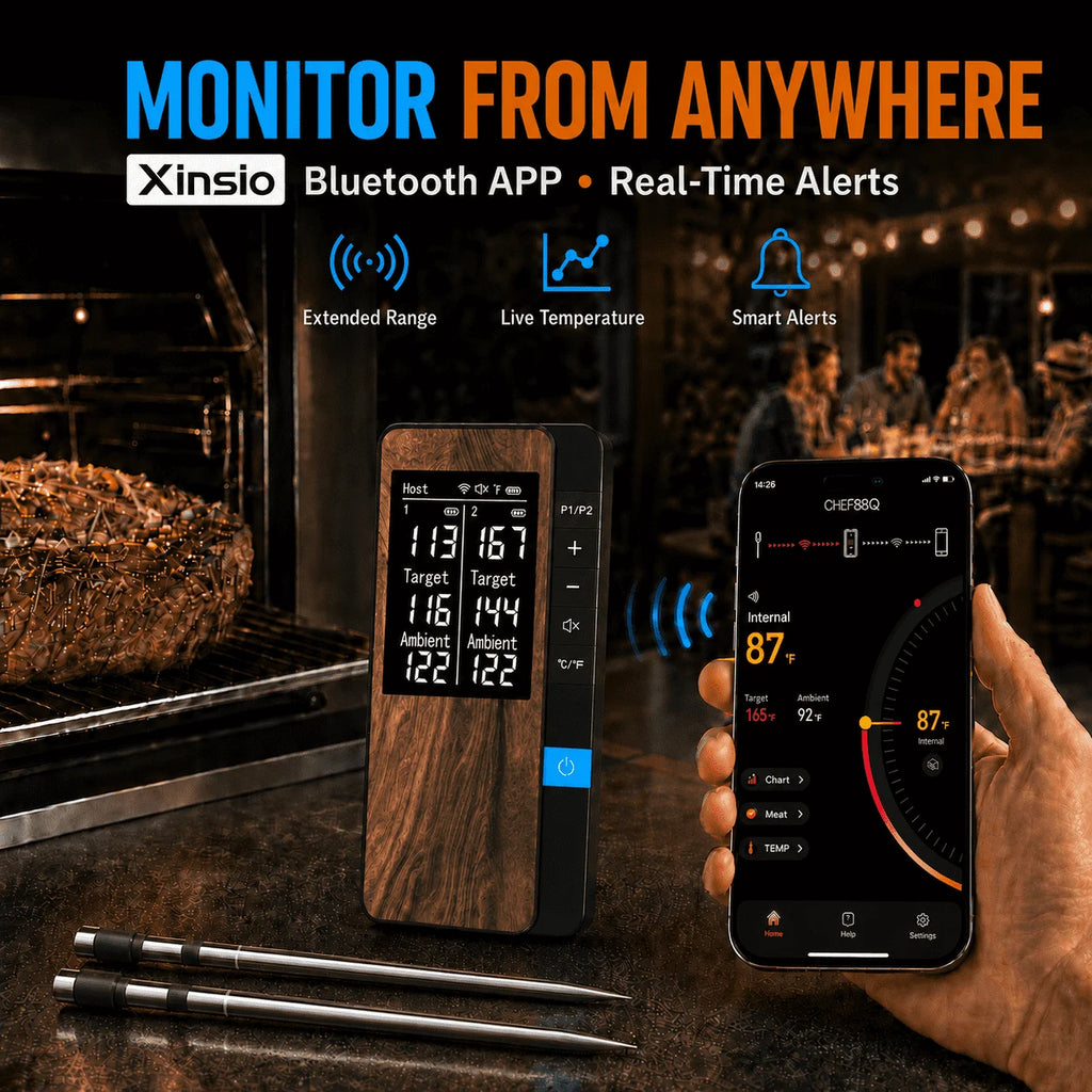 Wireless Meat Thermometer Digital Bluetooth Probe Thermometer Rechargeable with LCD Screen & Mobile APP for BBQ Oven Rotisserie