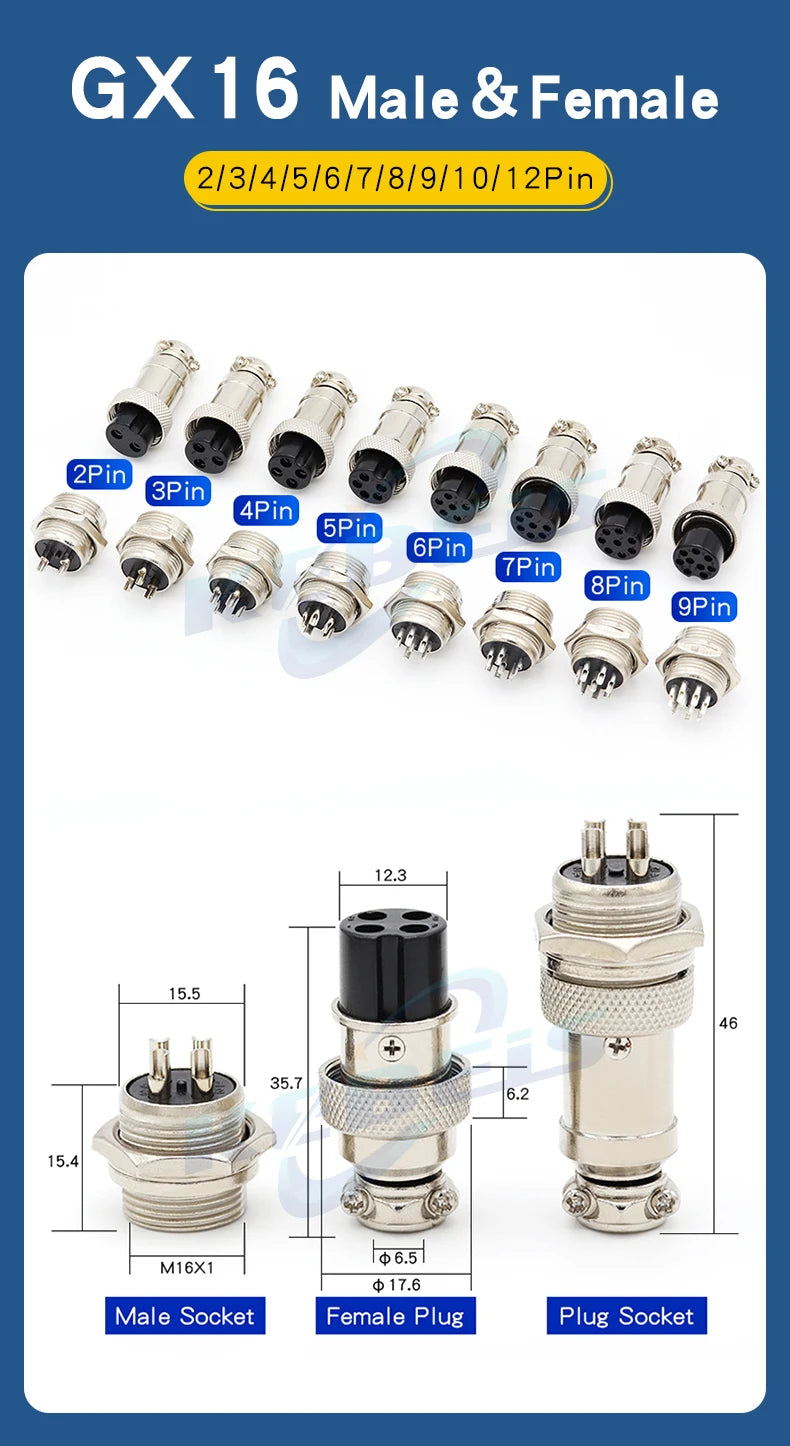 2Set GX12 GX16 GX20 2/3/4/5/6/7/8/9/10 Pin Male Female Butting Wire Cable Circular Aviation Socket Plug Panel Connector