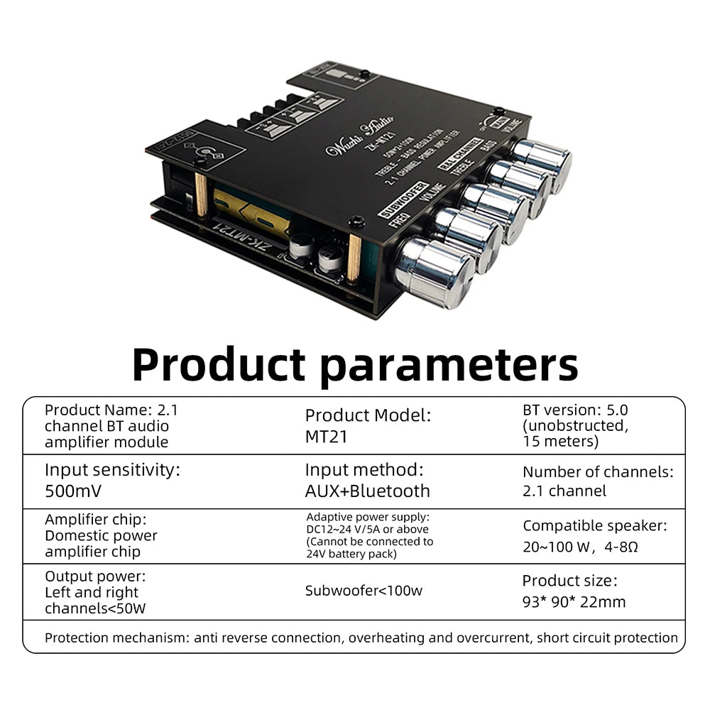 2.1 Channel BL Digital Power Amplifier Module with Subwoofer Output High Low Bass Adjustment 100W+50W+50W High Fidelity Bluetooth 5.0 Audio Board