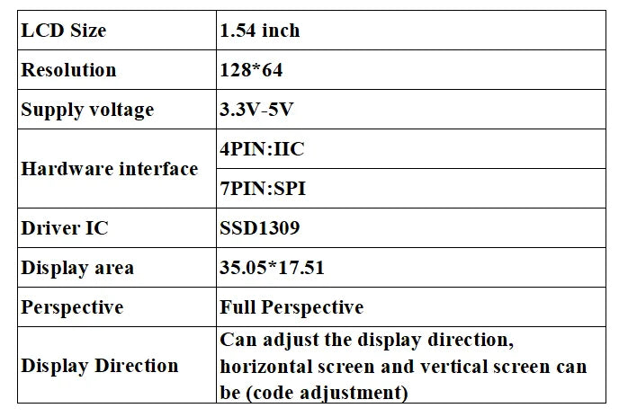 1.54 inch OLED Module 1.54” Display LCD Screen Resolution 12864 128x64 SSD1309 Driver Blue White Yellow 4Pin/7Pin IIC Interface