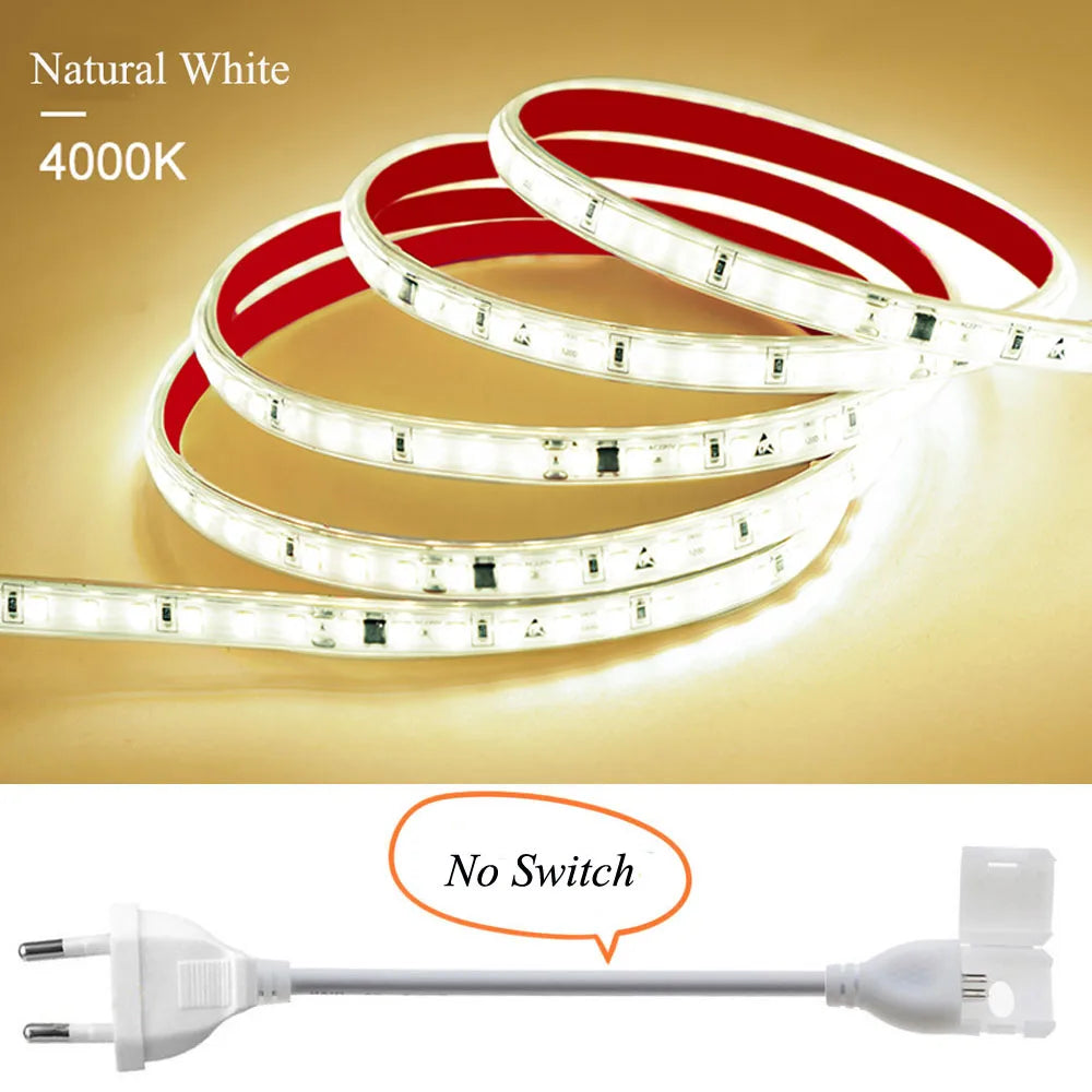 120LED/m LED Strip Light 220v Flexible&10cm Cuttable Soft Lamp Bar 2835 Tape Adhesive EU Plug Vanity Cabinet Wardrobe Home Decor
