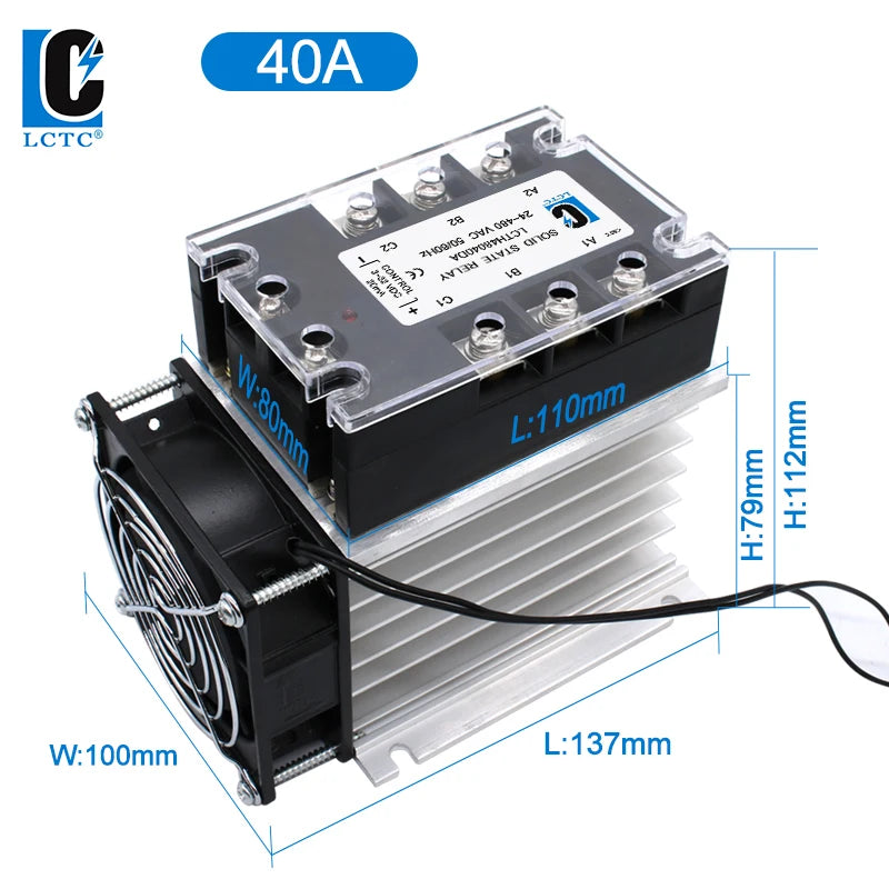 LCTC Three Phase Solid State Relay SSR Zero Cross 3-phase Load Relay 3-32VDC Control With Radiator 380V10A 25A 40A 60A 80A 100A