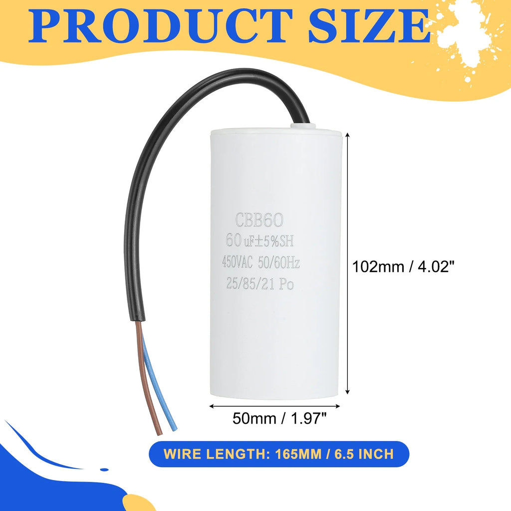 1Pcs CBB60 Run Capacitor 3uf-100uf 450V AC 2 Wires 50/60Hz Cylinder White for Air Compressor Water Pump Motor