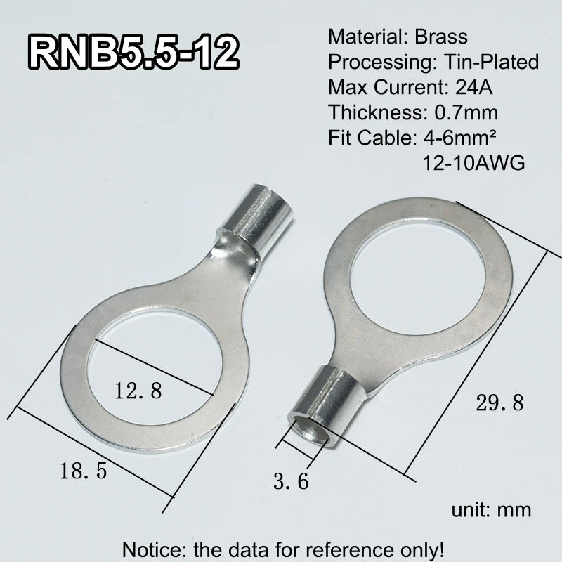 100pcs RNB Brass Ring Bare Terminal Block Connector Cable Lugs Wire Crimping Tips Electrical Connection Strips 12V 2.5mm 4mm 6mm