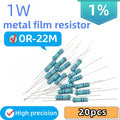 20pcs, 0R-22M 1% Metal Film Resistor 1W 0 2.2 10 100 150 220 270 330 470 1K 2.2K 4.7K 10K 47K 100K 470K 1M 10M 20M Ohms