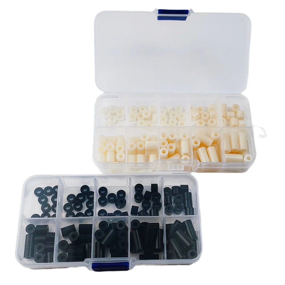140pcs/box M3 Nylon Spacer Kit Black White ABS Plastic Non-Threaded Hollow Standoff Assortment OD7mm ID3.2mm Washer Set