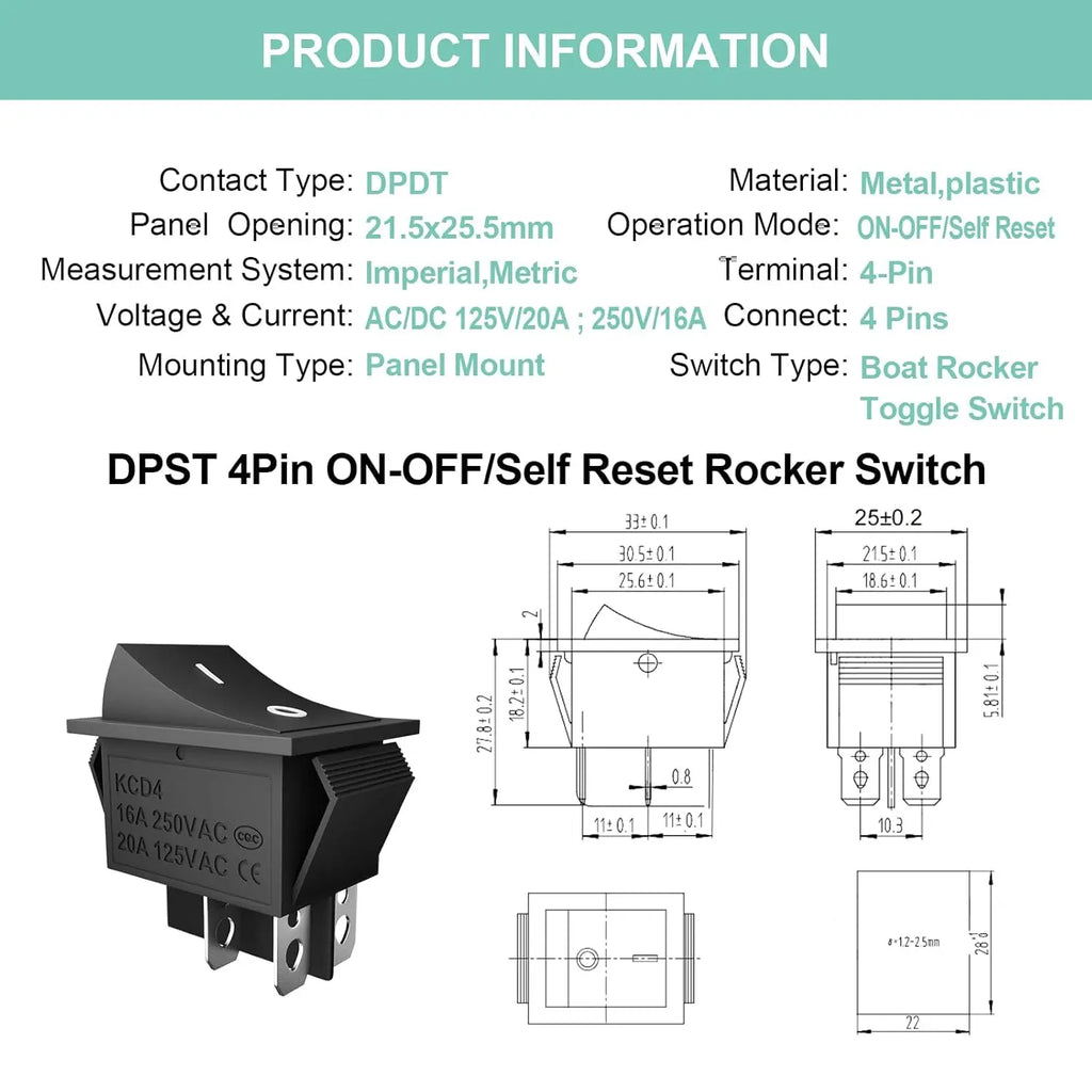 3PCS KCD4 Rocker Switch 4Pin 2 Position DPST On Off Black Mini Boat Rocker Switch 20A 125VAC 16A 250VAC Square Toggle Switches