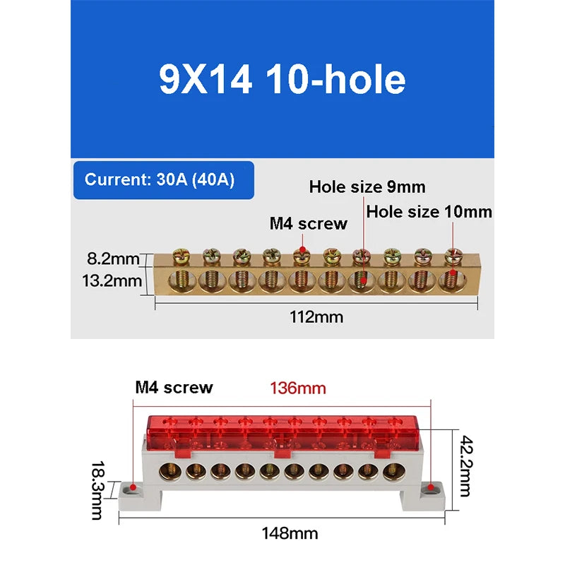 A10 Series 7*11 9*14 3/4/5/6/7/8/10/12 Hole Zero Ground Row Copper Bar Connection Terminal Wiring Terminal of Distribution Box