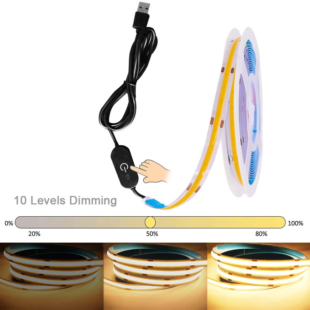 DC 5V LED COB Strip Light USB High Density Linear Lighting 320LED Flexible Tape Lights Warm Natural White Red Blue Green Decor