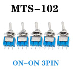 DL 5Pcs Miniature Lever Toggle Switch Single Pole Double Throw ON-OFF-ON /ON-ON 120VAC 6A 1/4 Inch Mounting MTS-102 103 202 203