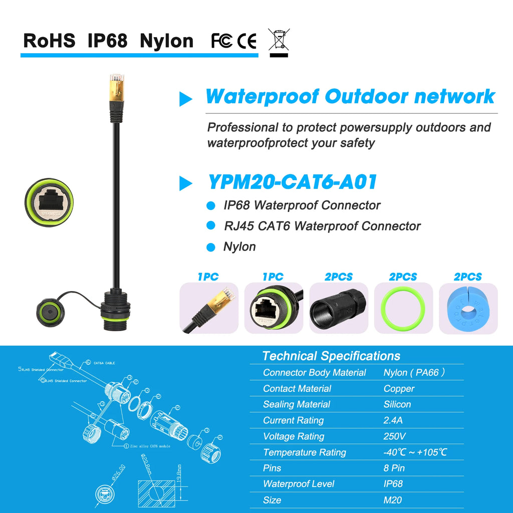 1PC RJ45 8p8c Waterproof Connector, RJ45 Male to Female, Panel Mount Type, Zinc Alloy Body+PA66 Plastic+Copper Contact 250mm