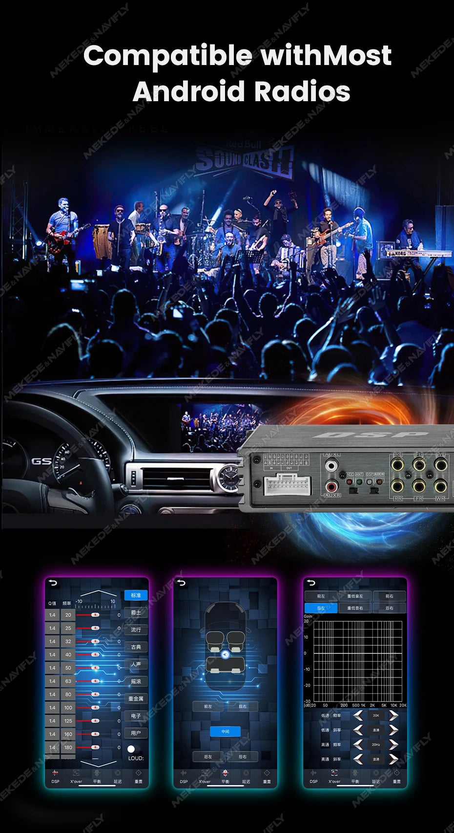 MEKEDE&NAVIFLY 4*50W Car DSP Amplifier Intelligent Car Audio System Universal Car Radio Digital Audio Processor Stereo Amplifier