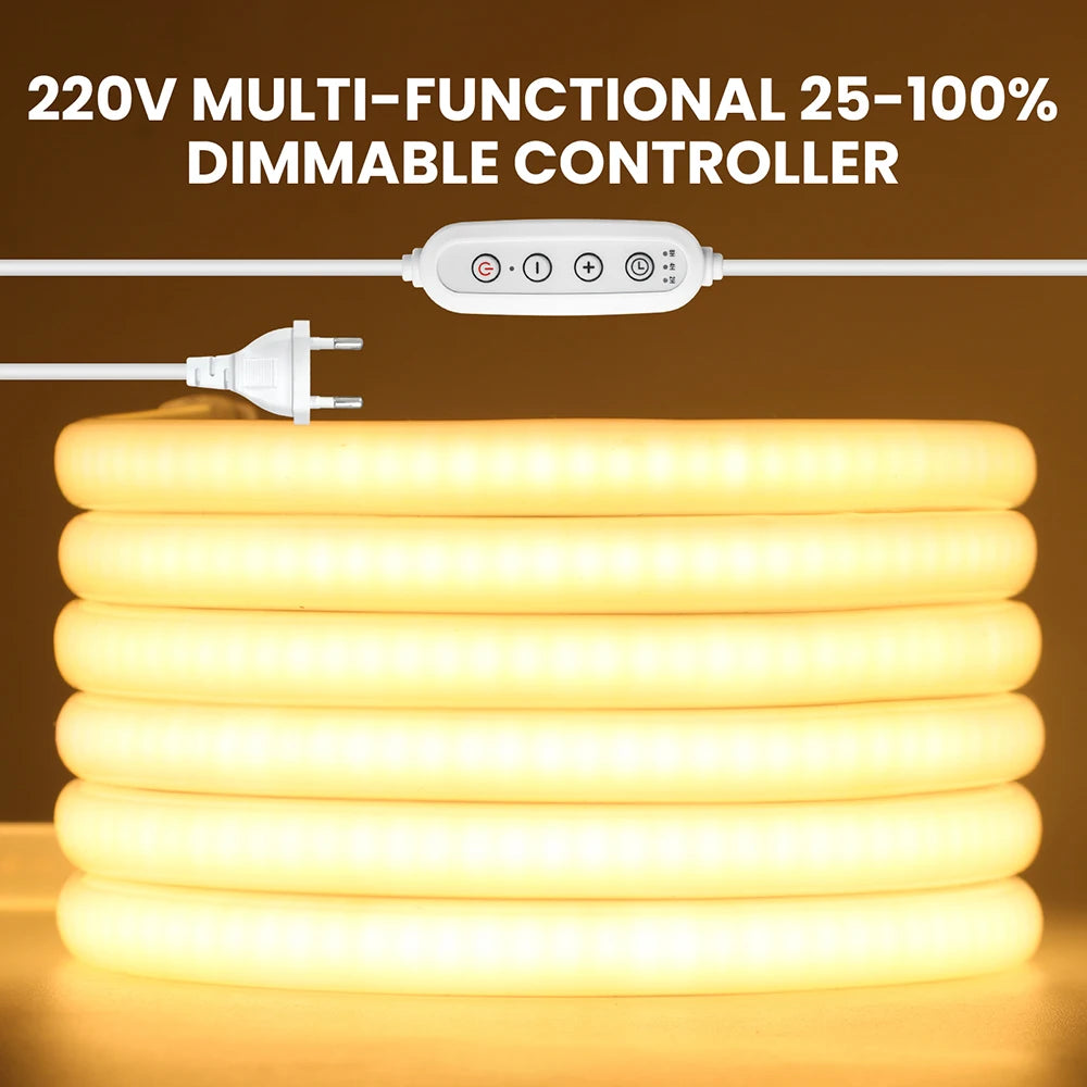 Dimmable Switch 220V COB LED Strip Neon Light Dimmer Power Kit Waterproof 3000K 4000K 6000K 288LED Kitchen Room Decor Flex Lamp