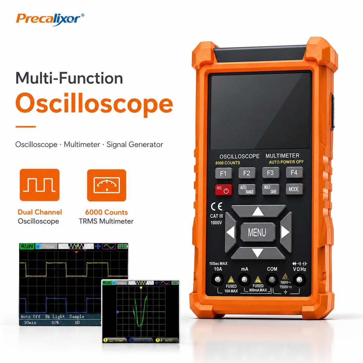 3 in 1 Oscilloscope Multimeter, Handheld Signal Generator, 50MHz Lab Oscilloscopes with 2 Channel, 200M/280MSa/s, USB C Voltage
